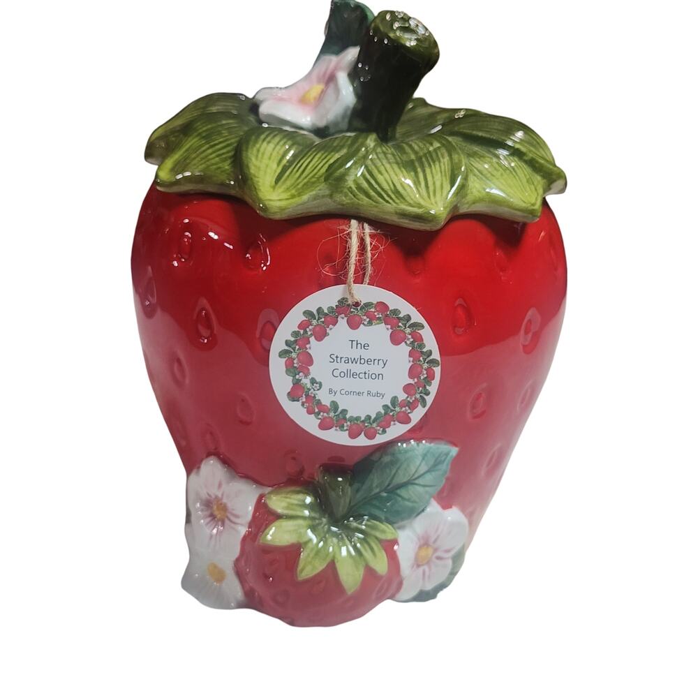 Corner Ruby Strawberry Collection Ceramic Cookie Jar Canister NWT Cottagecore